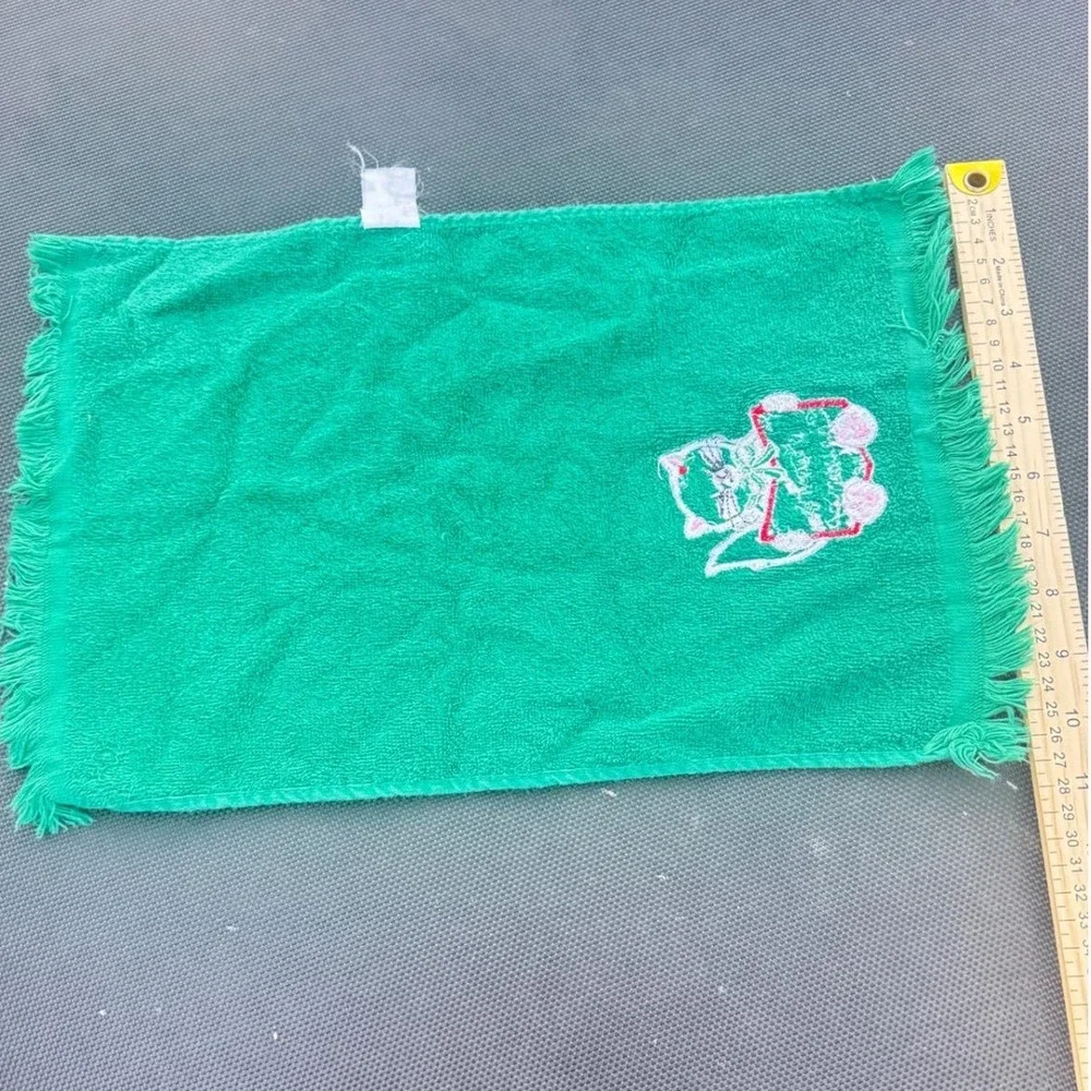 Vintage Meowy Christmas Cat Hand Towel Green Cotton‎ Embroidered Fringe Holiday